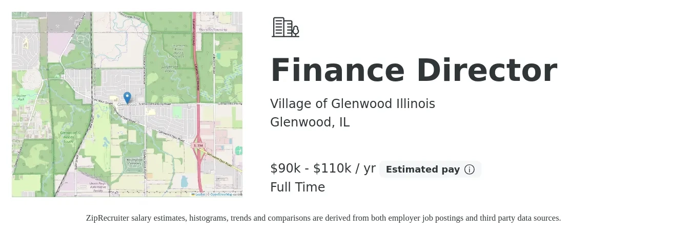 Village of Glenwood Illinois job posting for a Finance Director in Glenwood, IL with a salary of $90,000 to $110,000 Yearly with a map of Glenwood location.
