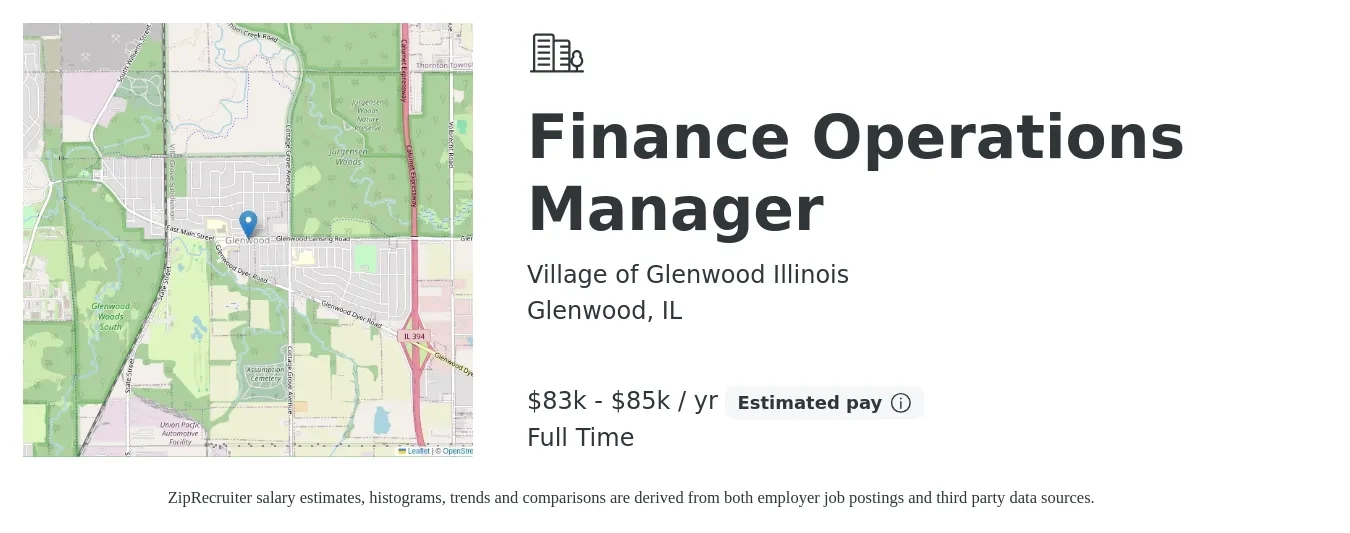 Village of Glenwood Illinois job posting for a Finance Operations Manager in Glenwood, IL with a salary of $83,000 to $85,000 Yearly with a map of Glenwood location.