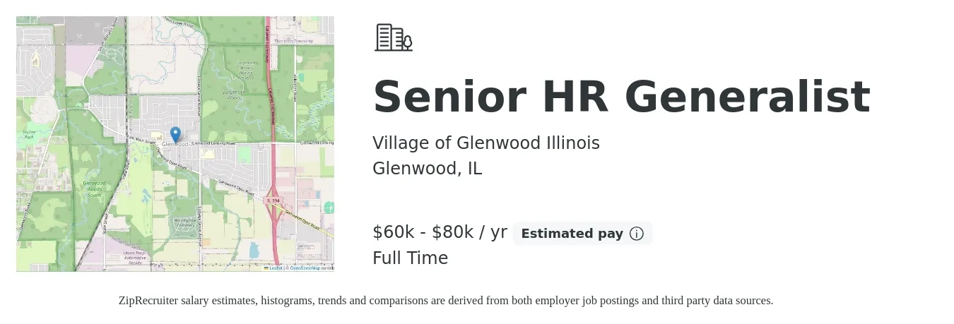 Village of Glenwood Illinois job posting for a Senior HR Generalist in Glenwood, IL with a salary of $60,000 to $80,000 Yearly with a map of Glenwood location.