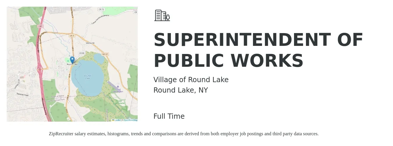 Village of Round Lake job posting for a SUPERINTENDENT OF PUBLIC WORKS in Round Lake, NY with a salary of $66,000 to $109,000 Yearly with a map of Round Lake location.
