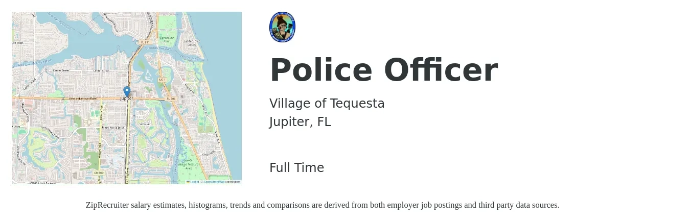 Village of Tequesta job posting for a Police Officer in Jupiter, FL with a salary of $59,940 Yearly with a map of Jupiter location.