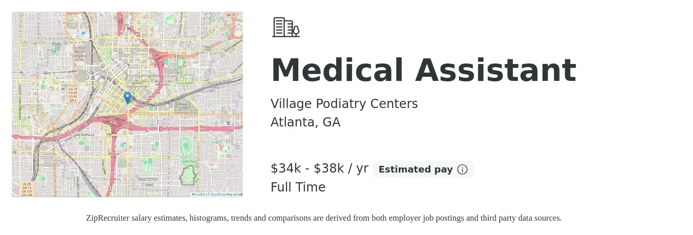 Village Podiatry Centers job posting for a Medical Assistant in Atlanta, GA with a salary of $34,000 to $38,000 Yearly with a map of Atlanta location.