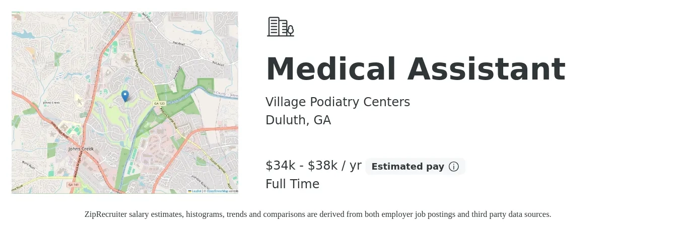 Village Podiatry Centers job posting for a Medical Assistant in Duluth, GA with a salary of $34,000 to $38,000 Yearly with a map of Duluth location.