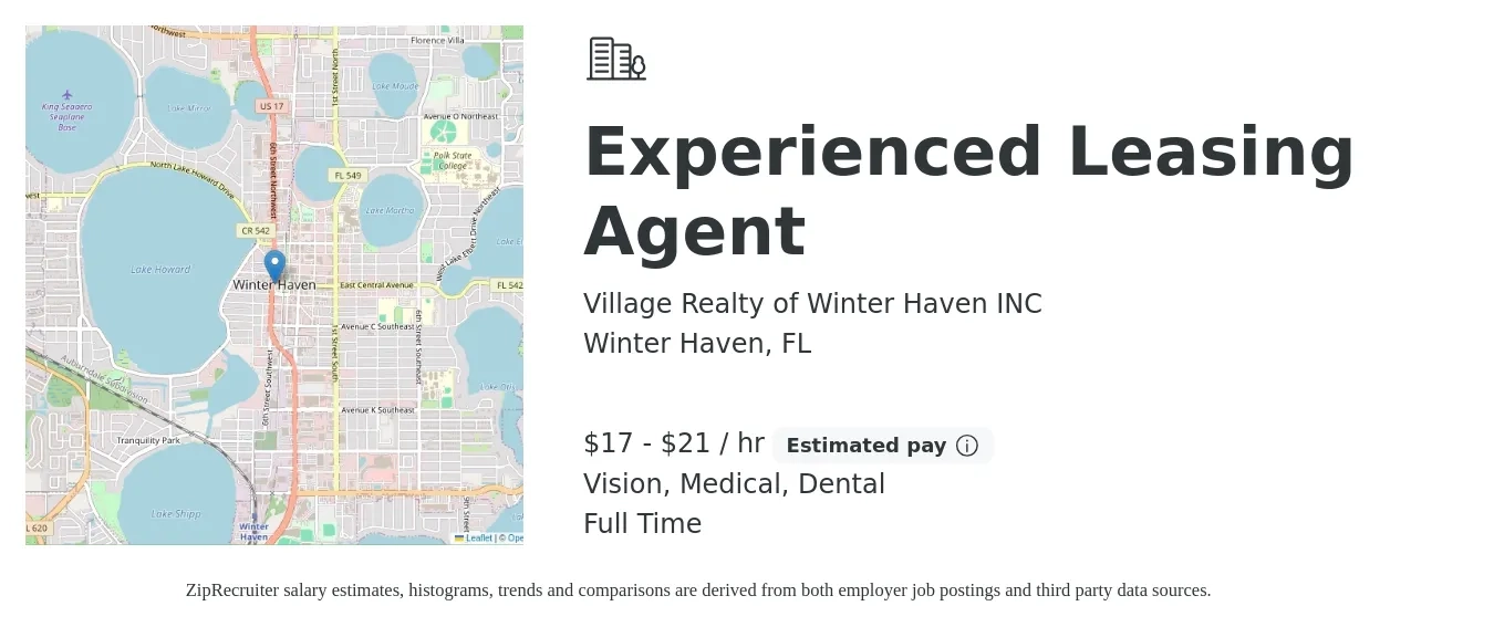 Village Realty of Winter Haven INC job posting for a Experienced Leasing Agent in Winter Haven, FL with a salary of $18 to $22 Hourly (plus commission) and benefits including vision, dental, medical, and pto with a map of Winter Haven location.
