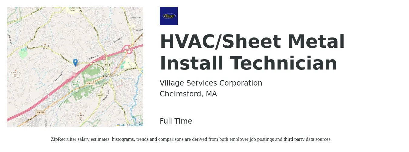 Village Services Corporation job posting for a HVAC/Sheet Metal Install Technician in Chelmsford, MA with a salary of $28 to $45 Hourly with a map of Chelmsford location.