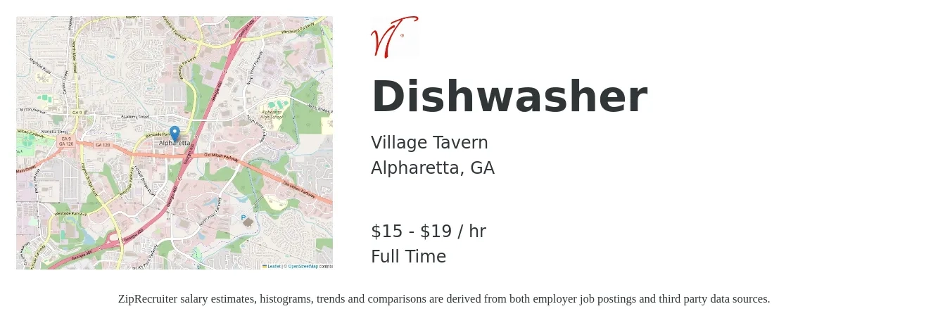 Village Tavern job posting for a Dishwasher in Alpharetta, GA with a salary of $16 to $20 Hourly with a map of Alpharetta location.