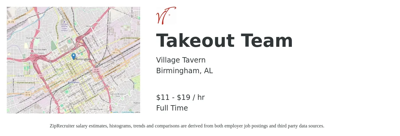 Village Tavern job posting for a Takeout Team in Birmingham, AL with a salary of $12 to $20 Hourly with a map of Birmingham location.