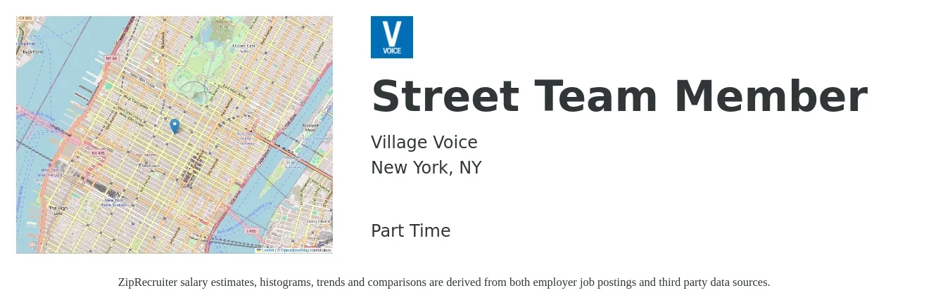 Village Voice job posting for a Street Team Member in New York, NY with a salary of $14 to $22 Hourly with a map of New York location.