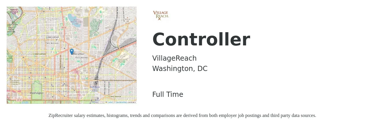 VillageReach job posting for a Controller in Washington, DC with a salary of $109,900 to $156,900 Yearly with a map of Washington location.