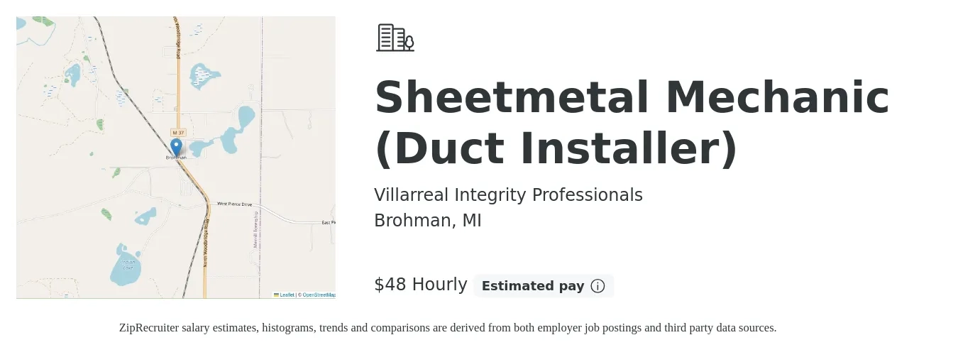 Villarreal Integrity Professionals job posting for a Sheetmetal Mechanic (Duct Installer) in Brohman, MI with a salary of $50 Hourly with a map of Brohman location.