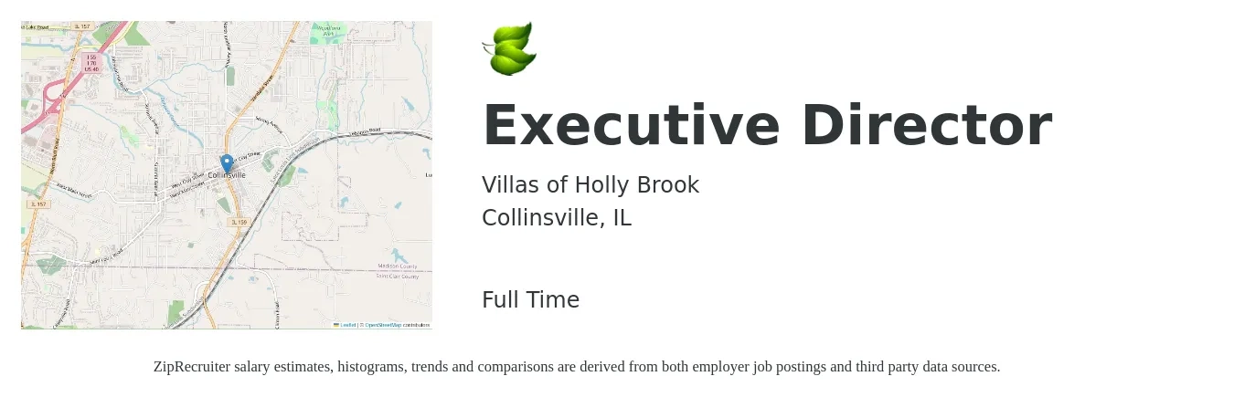Villas of Holly Brook job posting for a Executive Director in Collinsville, IL with a salary of $68,600 to $112,200 Yearly with a map of Collinsville location.
