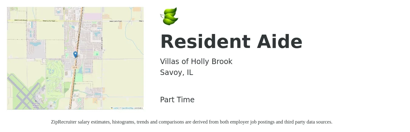 Villas of Holly Brook job posting for a Resident Aide in Savoy, IL with a salary of $15 to $18 Hourly with a map of Savoy location.
