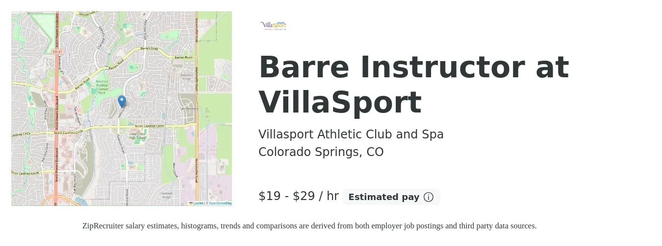Villasport Athletic Club and Spa job posting for a Barre Instructor at VillaSport in Colorado Springs, CO with a salary of $20 to $30 Hourly with a map of Colorado Springs location.
