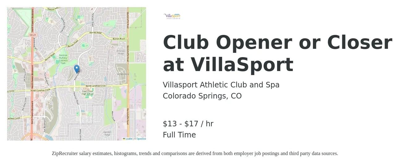 Villasport Athletic Club and Spa job posting for a Club Opener or Closer at VillaSport in Colorado Springs, CO with a salary of $14 to $18 Hourly with a map of Colorado Springs location.