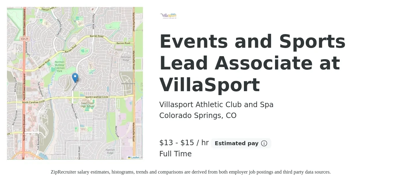 Villasport Athletic Club and Spa job posting for a Events and Sports Lead Associate at VillaSport in Colorado Springs, CO with a salary of $14 to $17 Hourly with a map of Colorado Springs location.