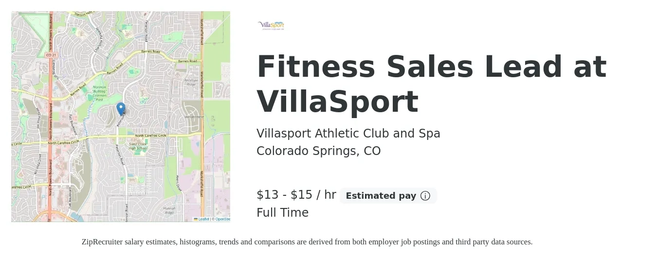 Villasport Athletic Club and Spa job posting for a Fitness Sales Lead at VillaSport in Colorado Springs, CO with a salary of $14 to $17 Hourly with a map of Colorado Springs location.