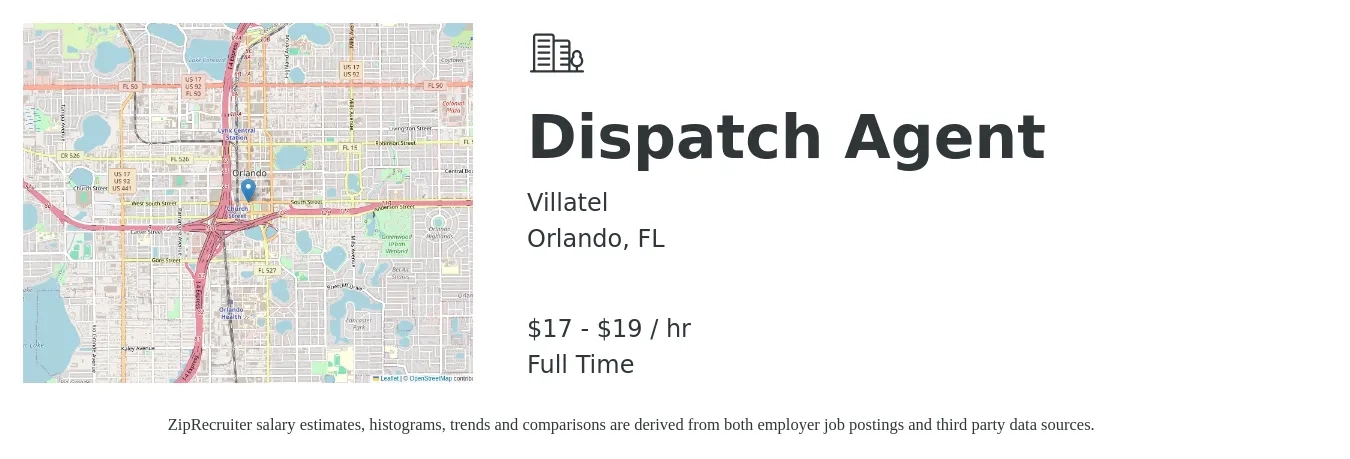 Villatel job posting for a Dispatch Agent in Orlando, FL with a salary of $18 to $20 Hourly with a map of Orlando location.