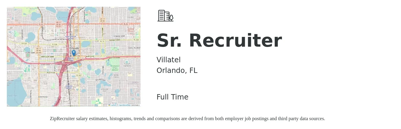 Villatel job posting for a Sr. Recruiter in Orlando, FL with a salary of $51,300 to $82,300 Yearly with a map of Orlando location.