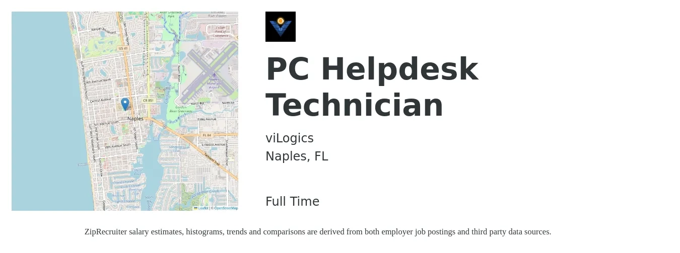 viLogics job posting for a PC Helpdesk Technician in Naples, FL with a salary of $18 to $24 Hourly with a map of Naples location.