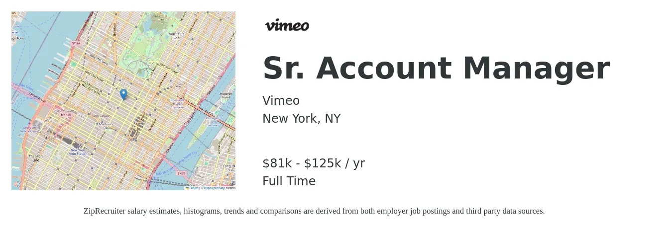 Vimeo job posting for a Sr. Account Manager in New York, NY with a salary of $81,900 to $125,500 Yearly with a map of New York location.