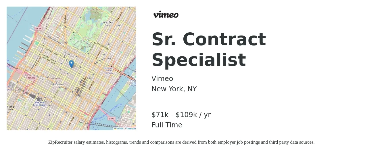 Vimeo job posting for a Sr. Contract Specialist in New York, NY with a salary of $71,000 to $109,000 Yearly with a map of New York location.