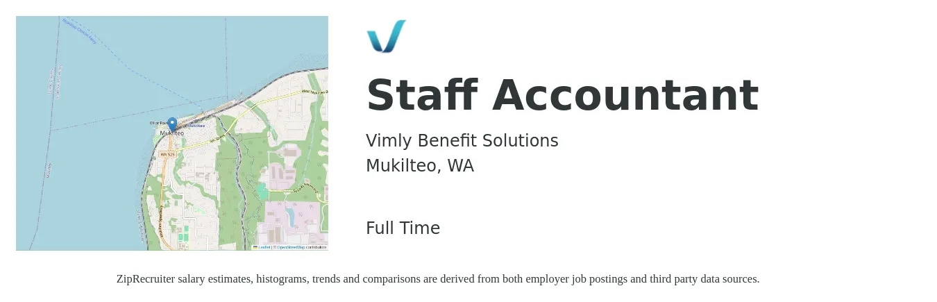 Vimly Benefit Solutions job posting for a Staff Accountant in Mukilteo, WA with a salary of $26 to $36 Hourly with a map of Mukilteo location.