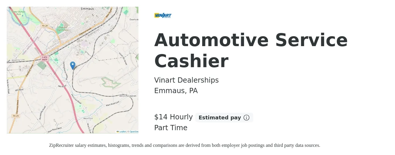 Vinart Dealerships job posting for a Automotive Service Cashier in Emmaus, PA with a salary of $15 Hourly with a map of Emmaus location.