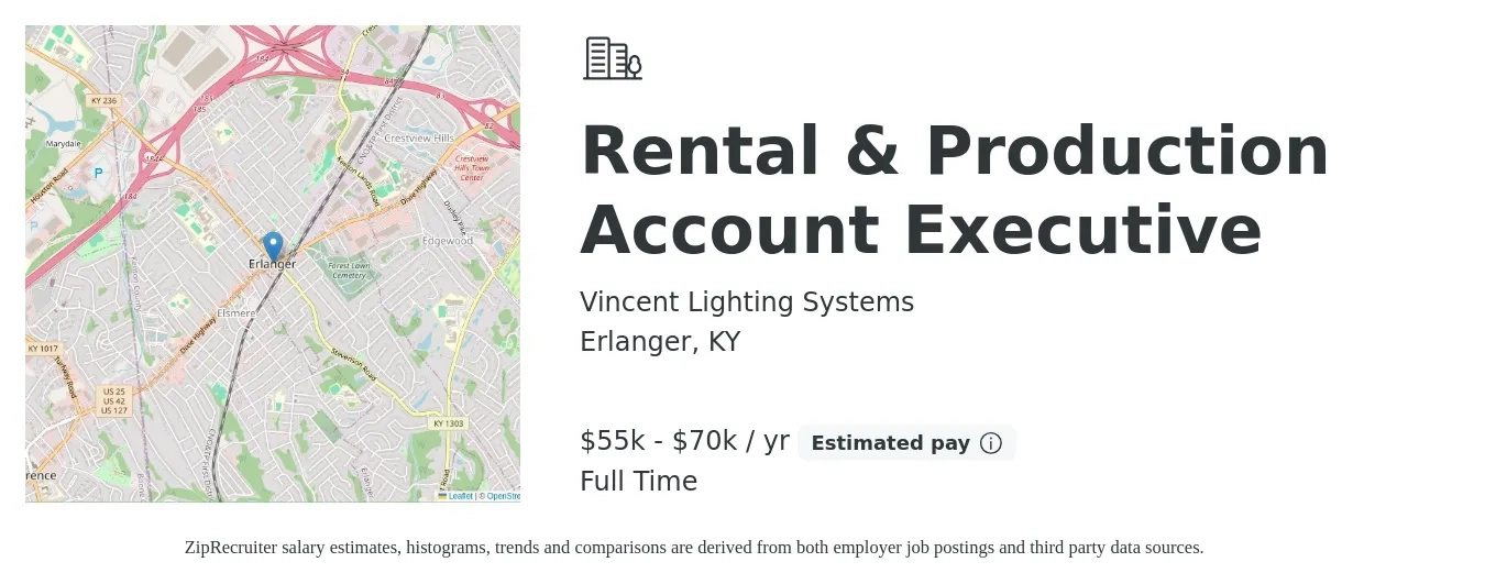 Vincent Lighting Systems job posting for a Rental & Production Account Executive in Erlanger, KY with a salary of $55,000 to $70,000 Yearly with a map of Erlanger location.