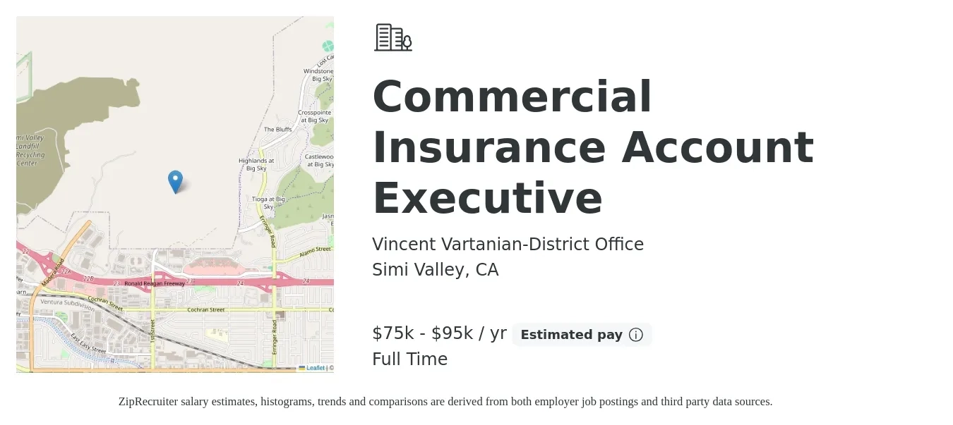 Vincent Vartanian-District Office job posting for a Commercial Insurance Account Executive in Simi Valley, CA with a salary of $75,000 to $95,000 Yearly with a map of Simi Valley location.