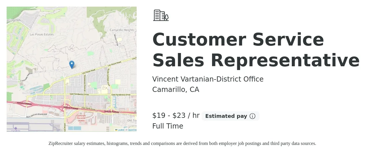 Vincent Vartanian-District Office job posting for a Customer Service Sales Representative in Camarillo, CA with a salary of $20 to $24 Hourly with a map of Camarillo location.