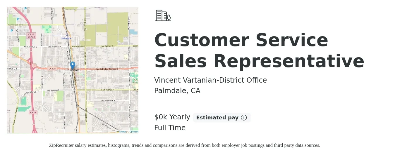 Vincent Vartanian-District Office job posting for a Customer Service Sales Representative in Palmdale, CA with a salary of $16 to $18 Yearly with a map of Palmdale location.
