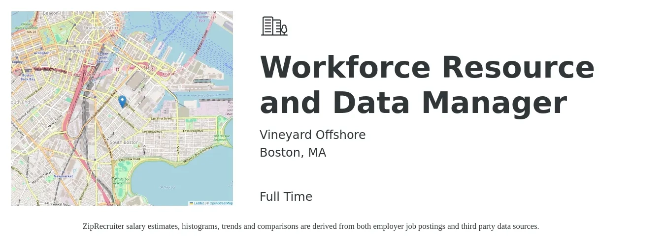 Vineyard Offshore job posting for a Workforce Resource and Data Manager in Boston, MA with a salary of $68,600 to $126,900 Yearly with a map of Boston location.
