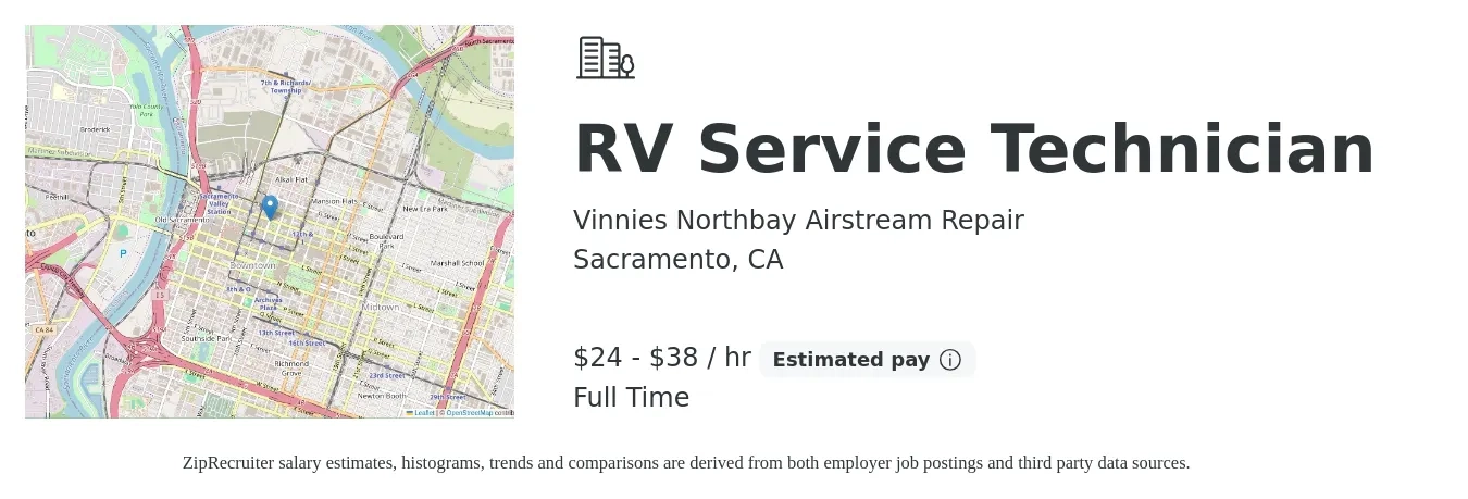 Vinnies Northbay Airstream Repair job posting for a RV Service Technician in Sacramento, CA with a salary of $25 to $40 Hourly and benefits including pto with a map of Sacramento location.