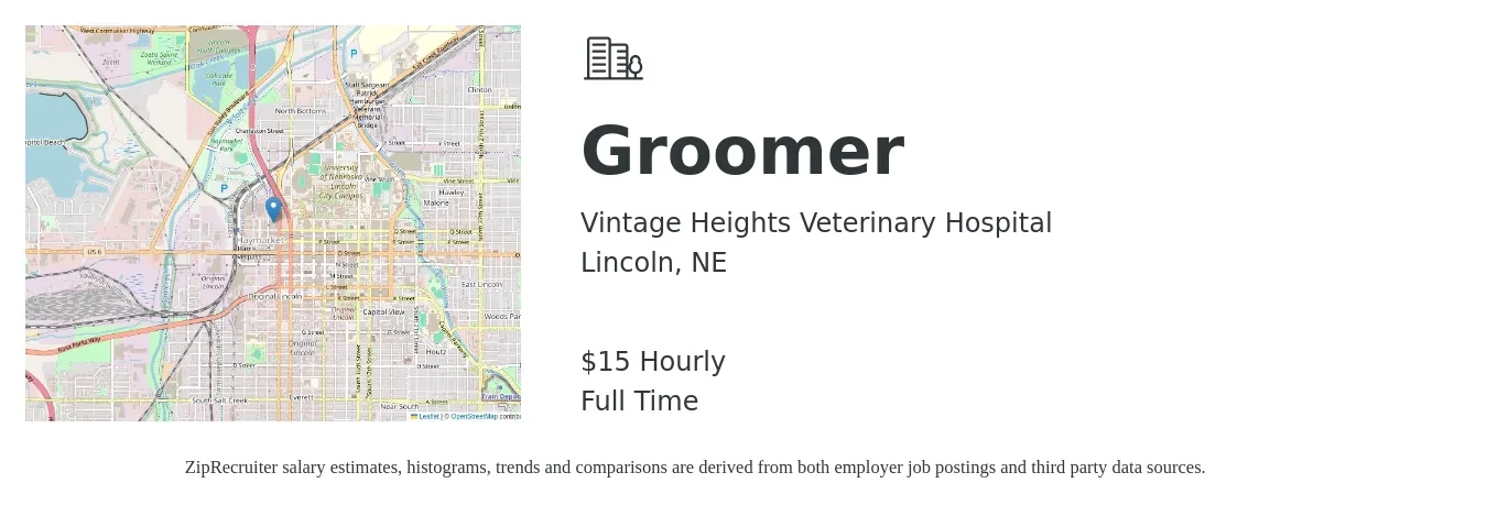 Vintage Heights Veterinary Hospital job posting for a Groomer in Lincoln, NE with a salary of $16 Hourly with a map of Lincoln location.