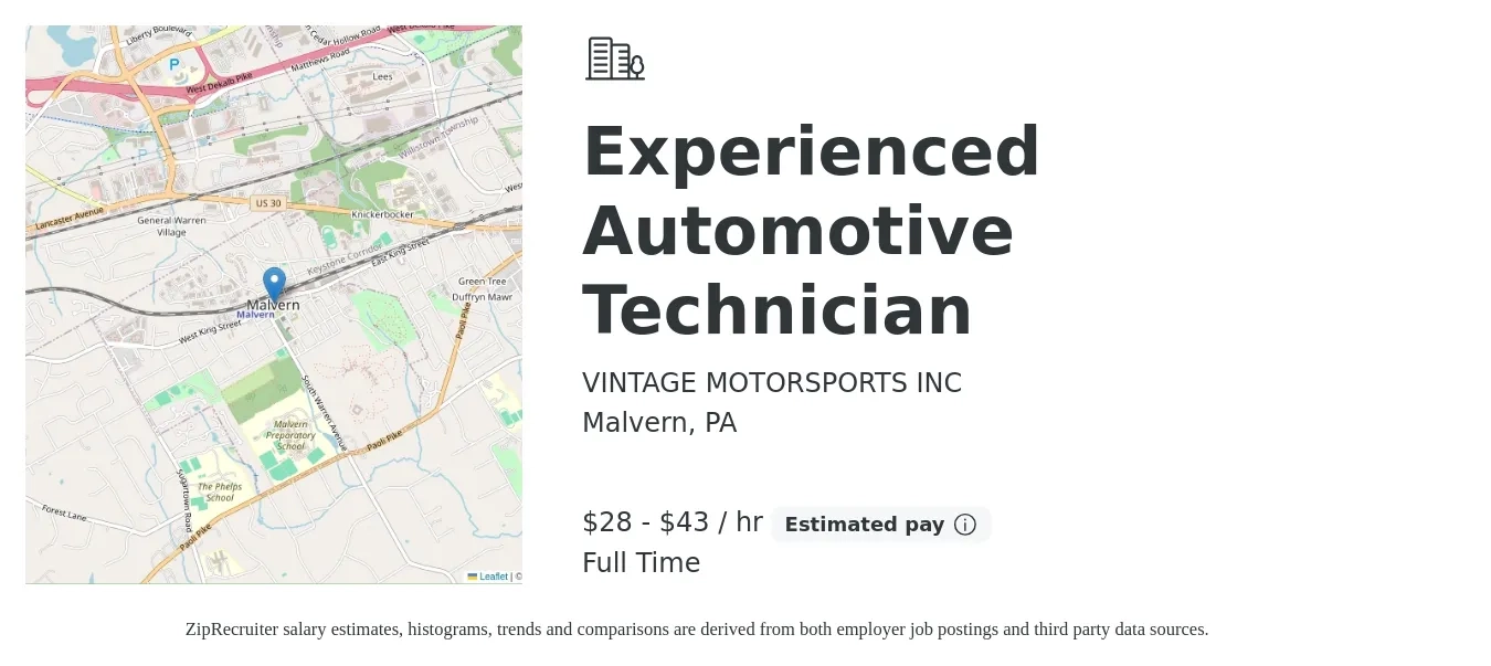 VINTAGE MOTORSPORTS INC job posting for a Experienced Automotive Technician in Malvern, PA with a salary of $30 to $45 Hourly with a map of Malvern location.
