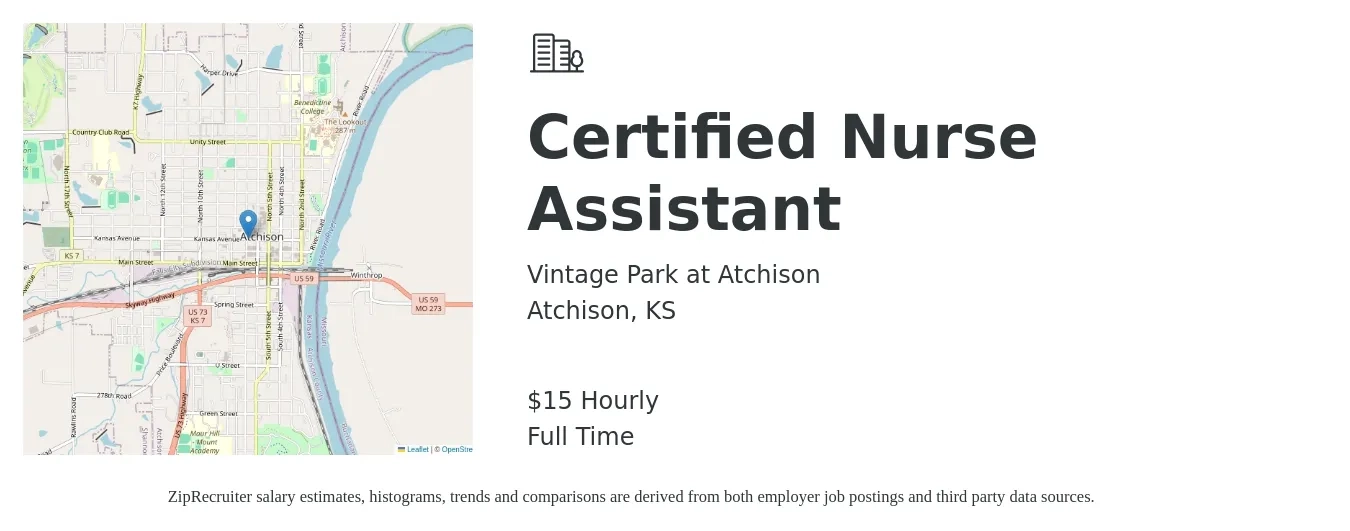 Vintage Park at Atchison job posting for a Certified Nurse Assistant in Atchison, KS with a salary of $16 Hourly with a map of Atchison location.