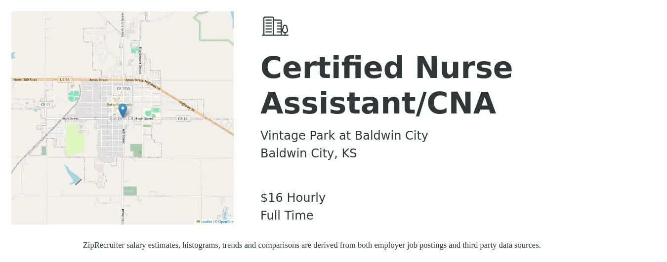 Vintage Park at Baldwin City job posting for a Certified Nurse Assistant/CNA in Baldwin City, KS with a salary of $18 Hourly with a map of Baldwin City location.