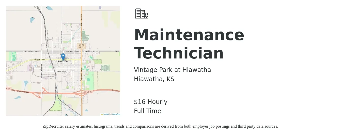 Vintage Park at Hiawatha job posting for a Maintenance Technician in Hiawatha, KS with a salary of $18 Hourly with a map of Hiawatha location.