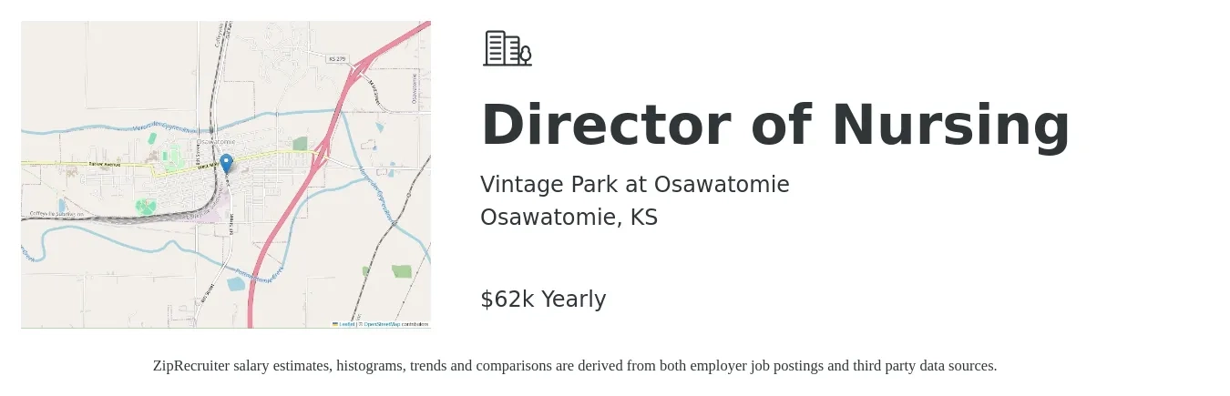 Vintage Park at Osawatomie job posting for a Director of Nursing in Osawatomie, KS with a salary of $62,500 Yearly with a map of Osawatomie location.