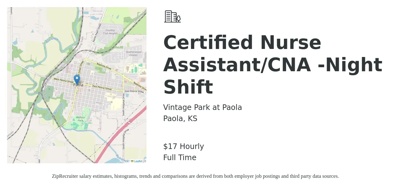 Vintage Park at Paola job posting for a Certified Nurse Assistant/CNA -Night Shift in Paola, KS with a salary of $18 Hourly with a map of Paola location.