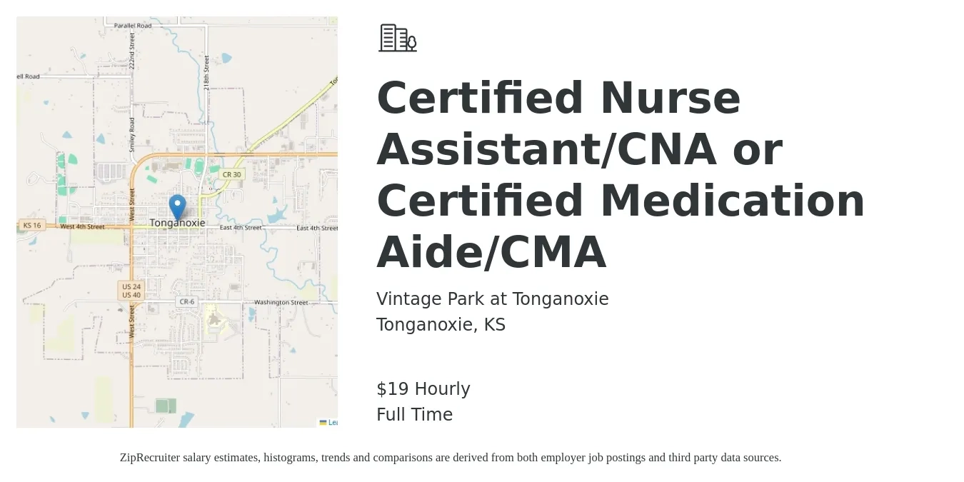 Vintage Park at Tonganoxie job posting for a Certified Nurse Assistant/CNA or Certified Medication Aide/CMA in Tonganoxie, KS with a salary of $20 Hourly with a map of Tonganoxie location.