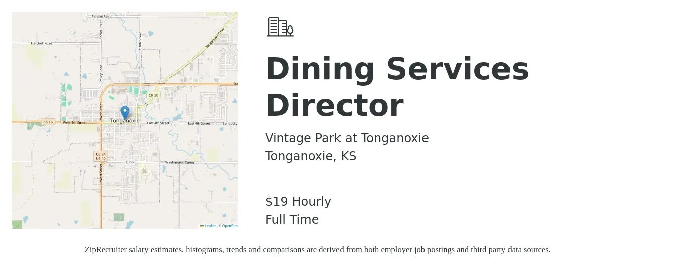 Vintage Park at Tonganoxie job posting for a Dining Services Director in Tonganoxie, KS with a salary of $20 Hourly with a map of Tonganoxie location.