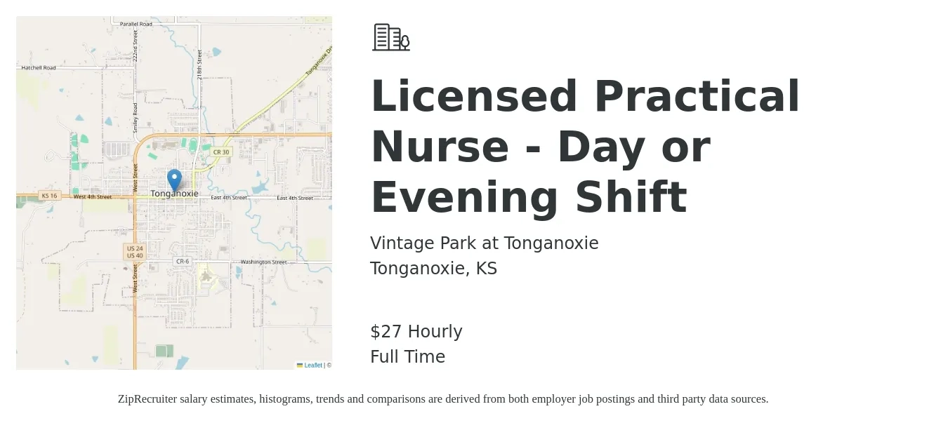 Vintage Park at Tonganoxie job posting for a Licensed Practical Nurse - Day or Evening Shift in Tonganoxie, KS with a salary of $29 Hourly with a map of Tonganoxie location.