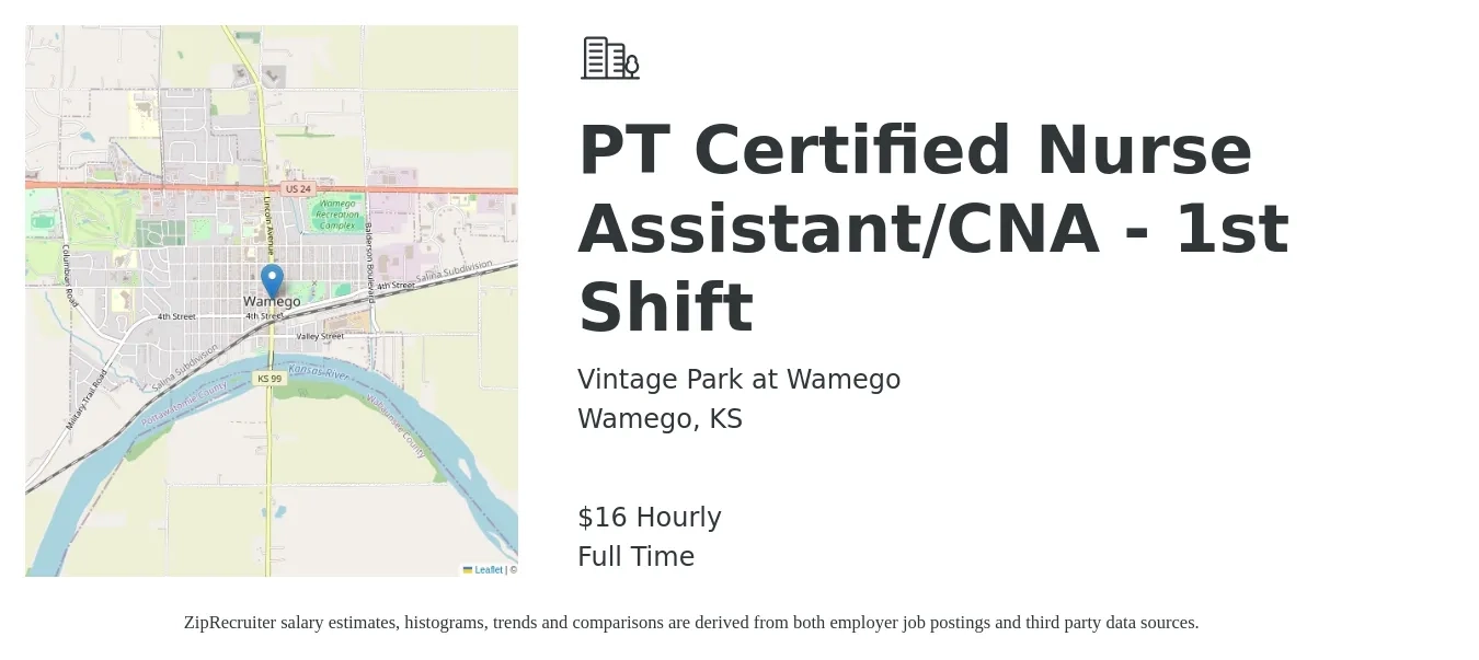 Vintage Park at Wamego job posting for a PT Certified Nurse Assistant/CNA - 1st Shift in Wamego, KS with a salary of $17 Hourly with a map of Wamego location.