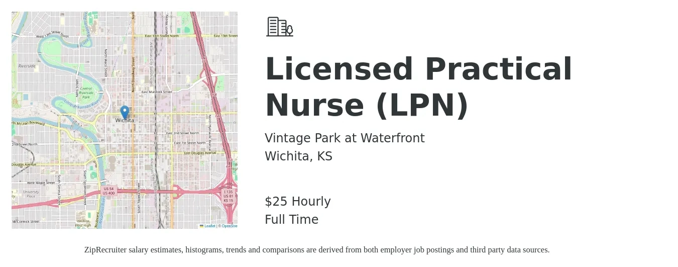 Vintage Park at Waterfront job posting for a Licensed Practical Nurse (LPN) in Wichita, KS with a salary of $27 Hourly with a map of Wichita location.