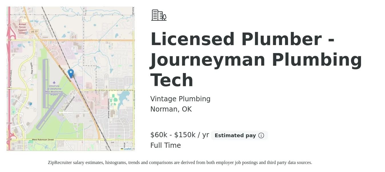 Vintage Plumbing job posting for a Licensed Plumber - Journeyman Plumbing Tech in Norman, OK with a salary of $60,000 to $150,000 Yearly with a map of Norman location.