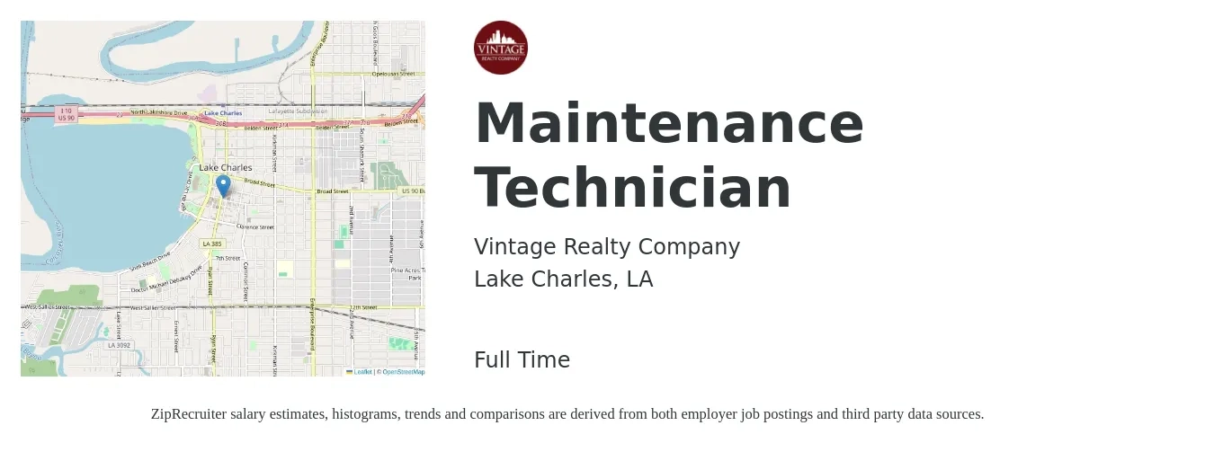 Vintage Realty Company job posting for a Maintenance Technician in Lake Charles, LA with a salary of $18 to $24 Hourly with a map of Lake Charles location.