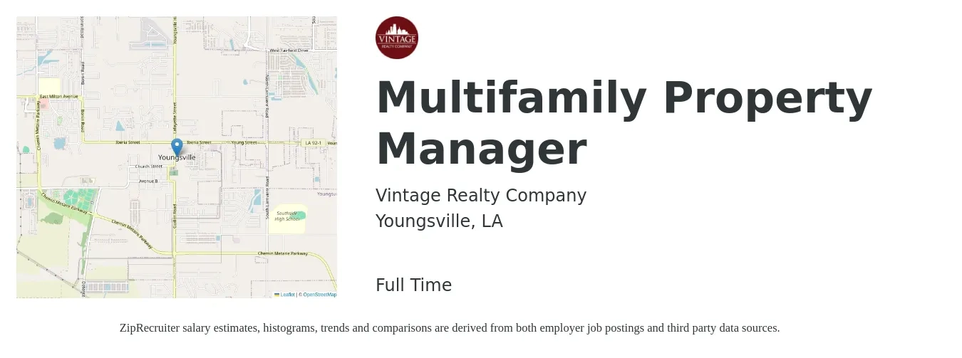 Vintage Realty Company job posting for a Multifamily Property Manager in Youngsville, LA with a salary of $38,500 to $59,500 Yearly with a map of Youngsville location.