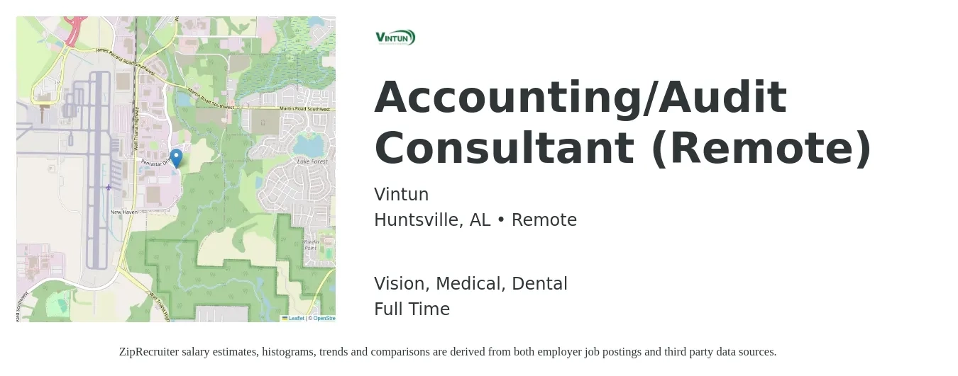 Vintun job posting for a Accounting/Audit Consultant (Remote) in Huntsville, AL with a salary of $38 to $59 Hourly and benefits including dental, life_insurance, medical, retirement, and vision with a map of Huntsville location.