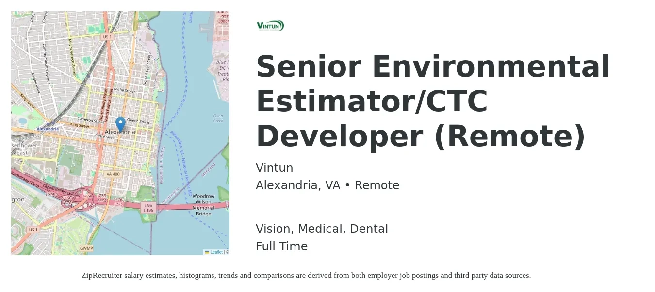 Vintun job posting for a Senior Environmental Estimator/CTC Developer (Remote) in Alexandria, VA with a salary of $107,600 to $154,700 Yearly and benefits including life_insurance, medical, retirement, vision, and dental with a map of Alexandria location.